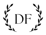 Un logotipo en blanco y negro con una corona de laurel alrededor de la letra df.