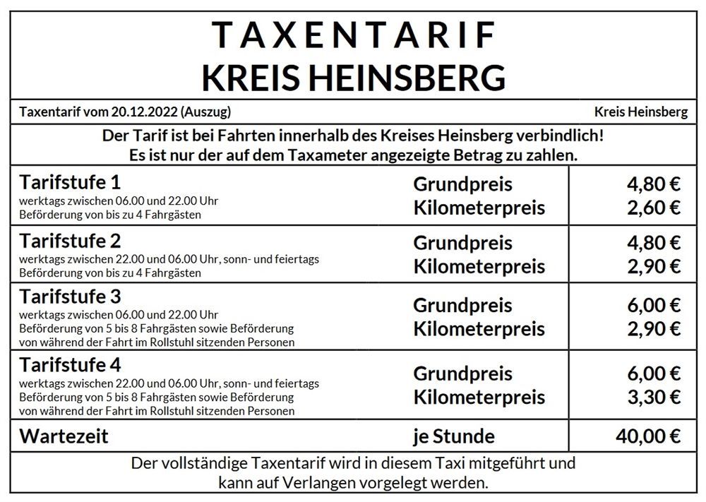Taxi Tarif Heinsberg Taxi Tarif Heinsberg