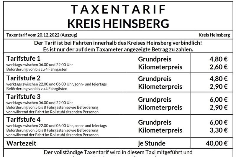 Taxi Tarif Heinsberg