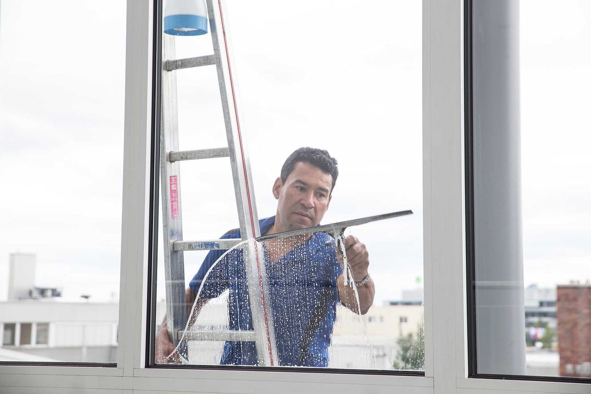 Ein Mann putzt von einer Leiter aus ein Fenster mit einem Abzieher.