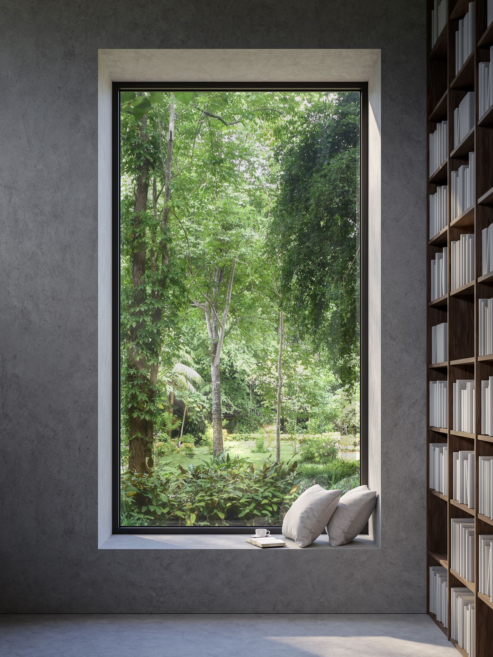 Fenêtre sur mesure avec mur en béton donnant sur jardin