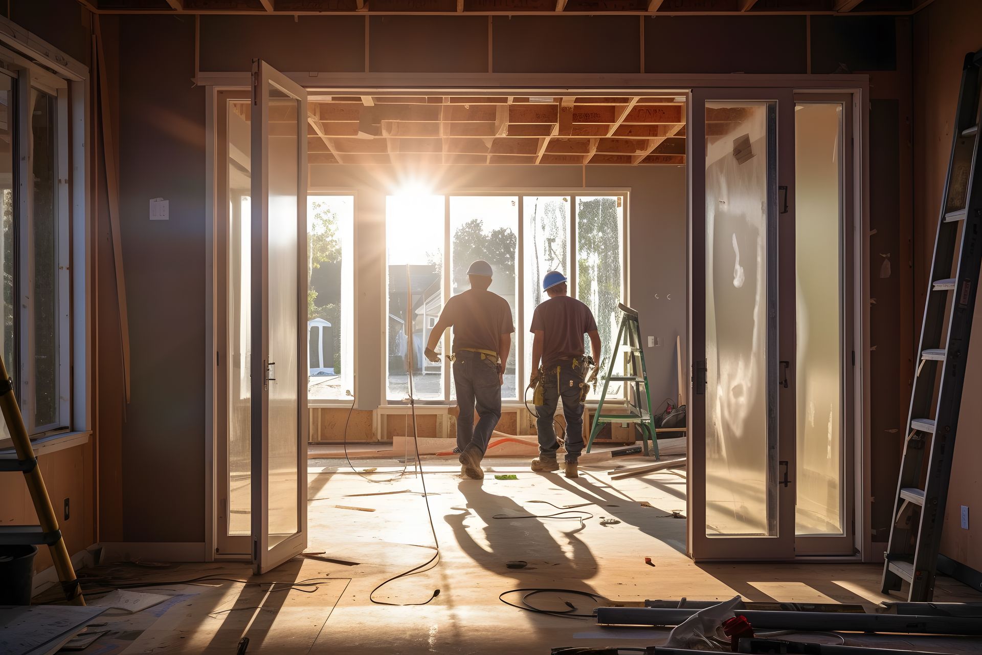 Équipe sur le chantier d'une maison neuve lors de l'installation des fenêtres