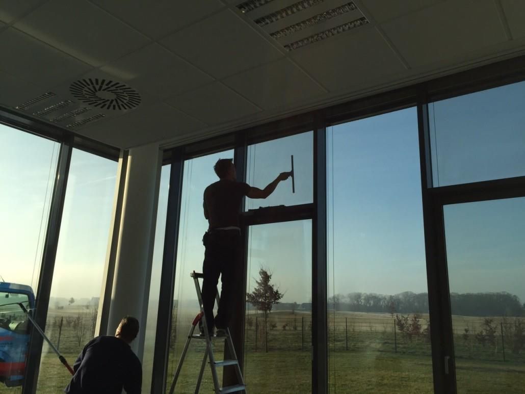 Zwei Personen putzen große Fenster in einem Büro, eine davon auf einer Leiter mit einem Abzieher, mit Blick auf ein Feld.