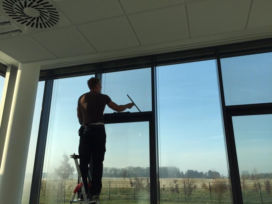 Mann auf einer Leiter reinigt ein großes, getöntes Fenster mit Blick auf ein Feld unter blauem Himmel.