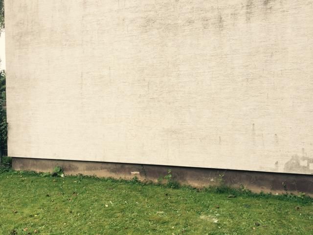 Beigefarbene Gebäudewand mit dunkelbraunem Sockel, davor grünes Gras.