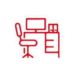 Rotes Symbol eines Büroschreibtischs mit Computermonitor, Stuhl und Aktenschrank.