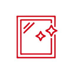 Rotes Symbol: quadratisches Fenster mit Glitzern, das einen Lichtstrahl reflektiert.