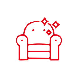 Rotes Symbol eines sauberen Sessels mit funkelnden Details, das auf eine Polsterreinigung hindeutet.