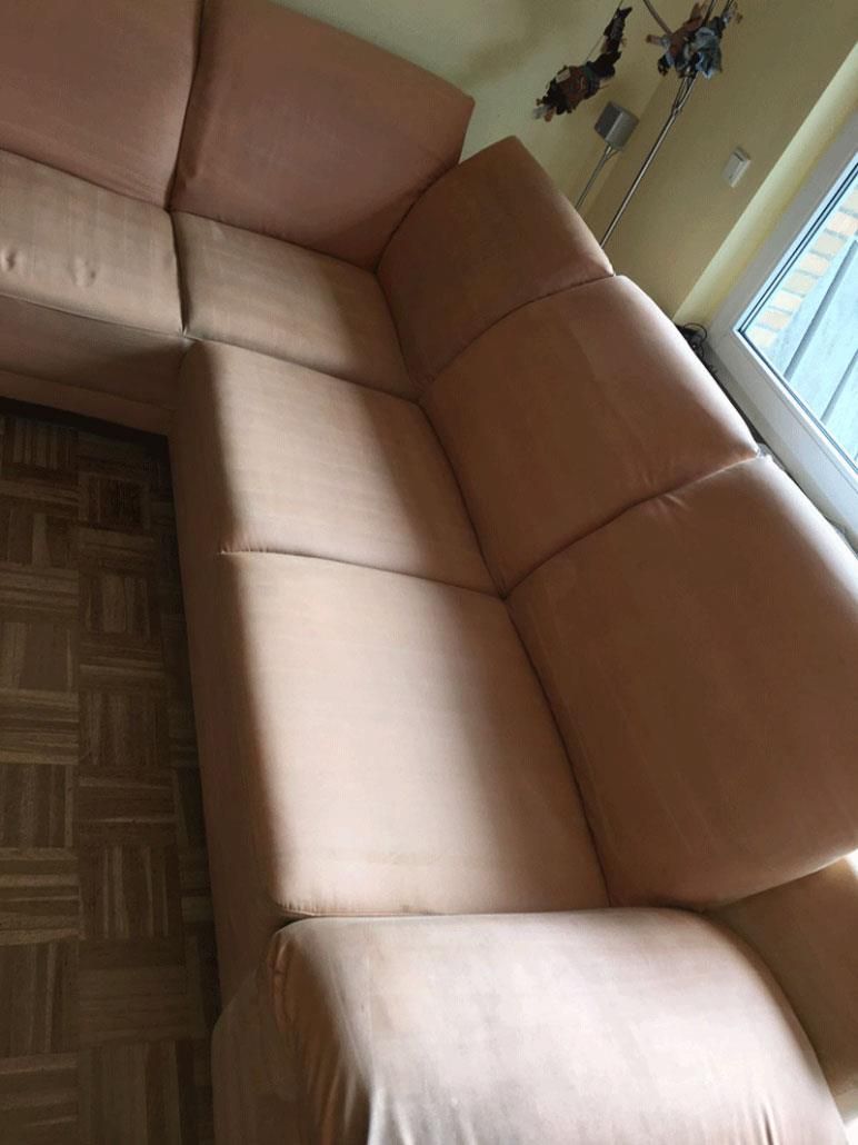 Beiges Sofagarnitur in einem Wohnzimmer, Holzboden.