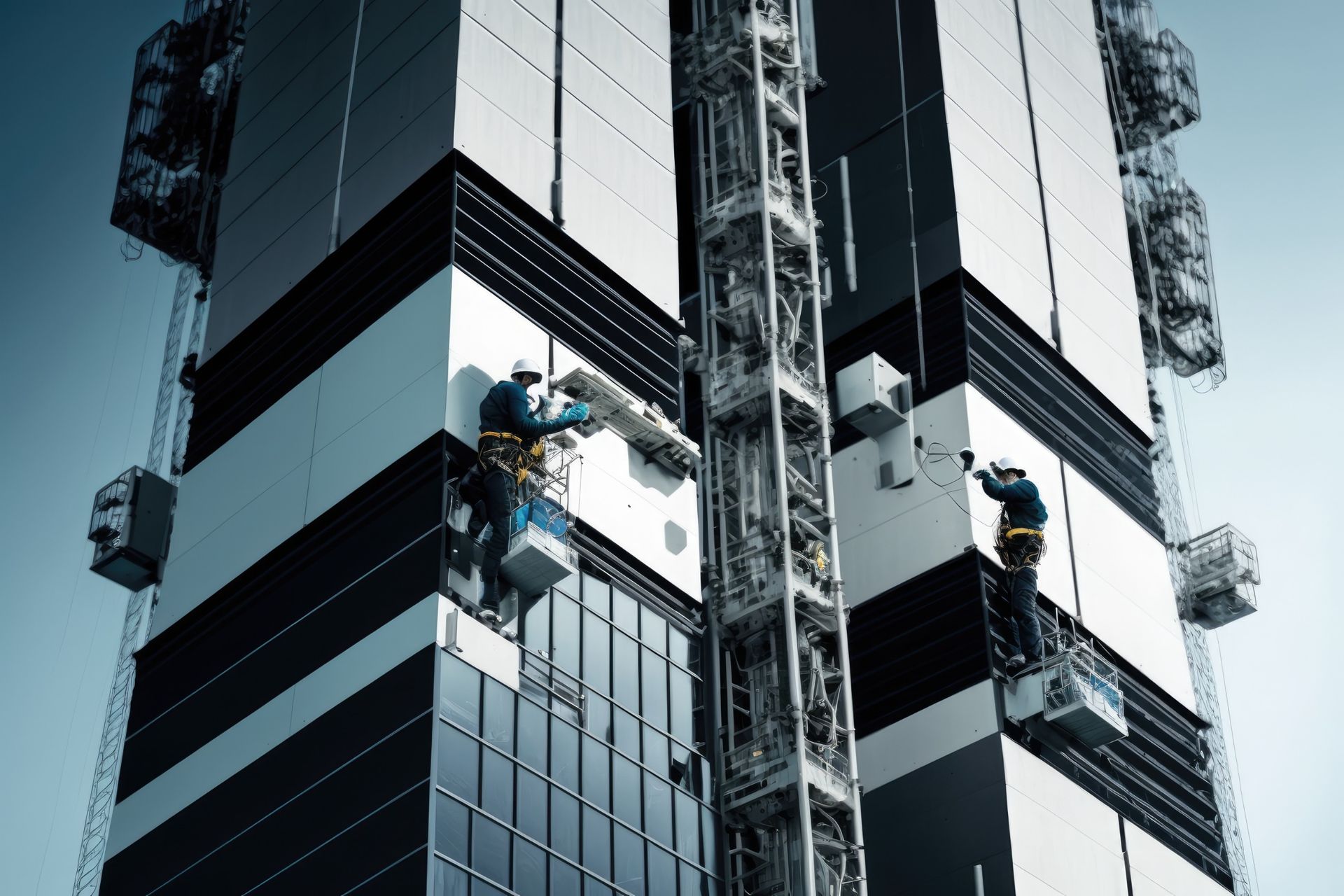 Dos hombres están trabajando en el lateral de un edificio alto.