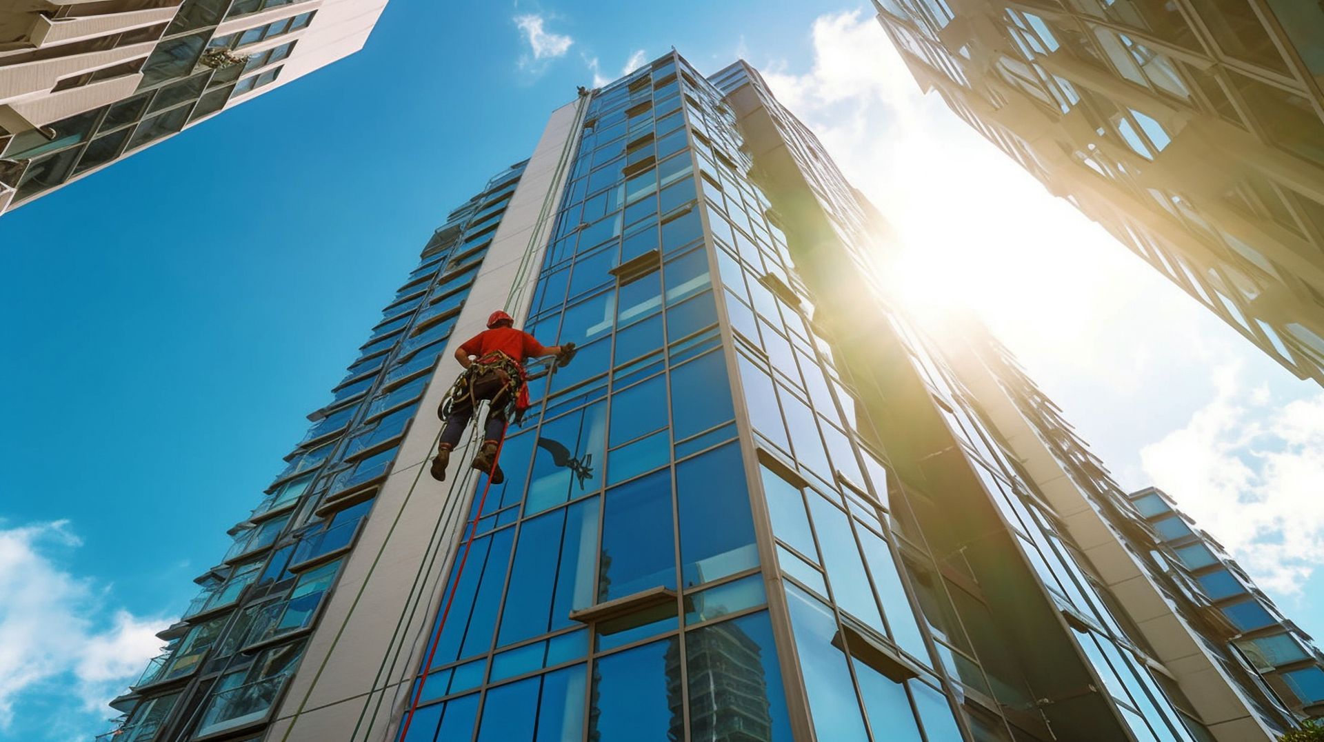 Un hombre está limpiando las ventanas de un edificio alto.