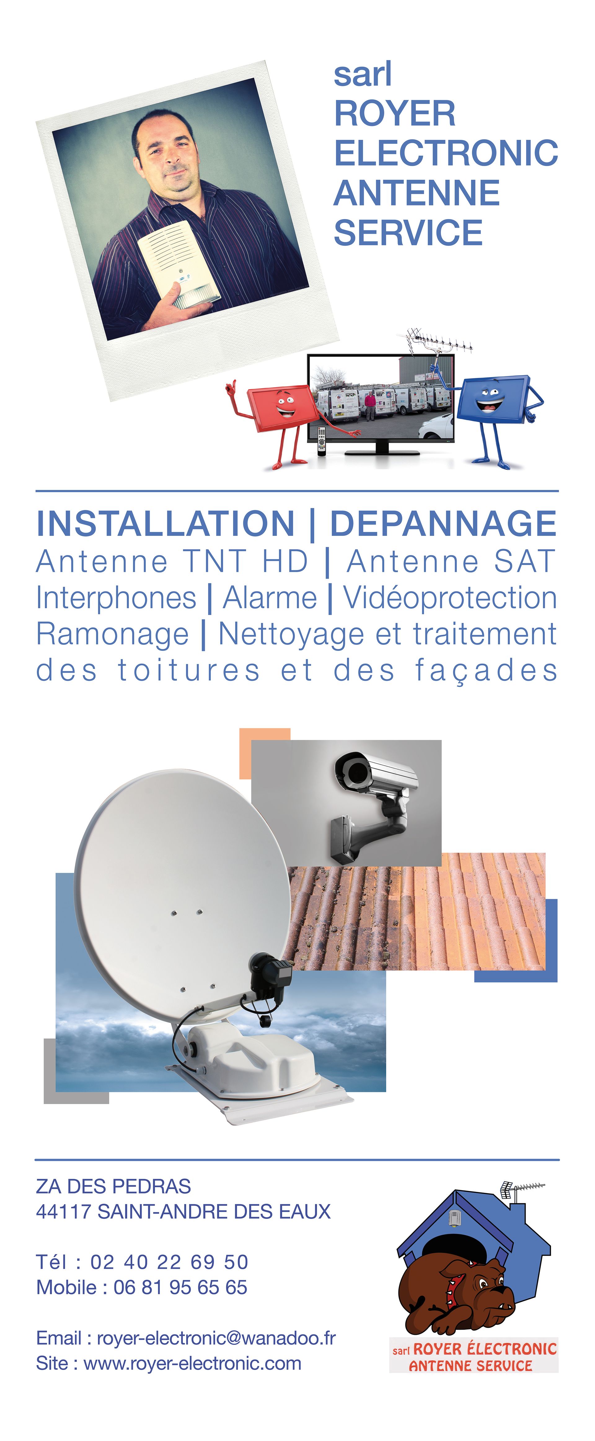 Publicité pour un service de télévision par satellite avec une antenne parabolique, un récepteur et le portrait d'un homme en costume