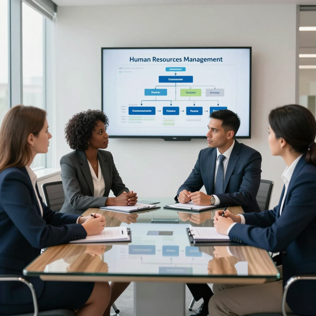 des personnes en costard qui échangent devant un organigramme de ressources humaines