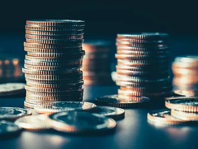 Hay muchas pilas de monedas sobre la mesa.