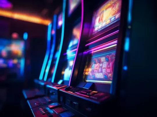 Una fila de máquinas tragamonedas en un casino con luces de neón.