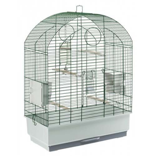 Una jaula de pájaros verde con una base blanca sobre un fondo blanco.