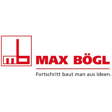 Logo des Bauunternehmens Max Bögl mit einem roten Quadrat mit Initialen und dem Firmennamen in Rot.