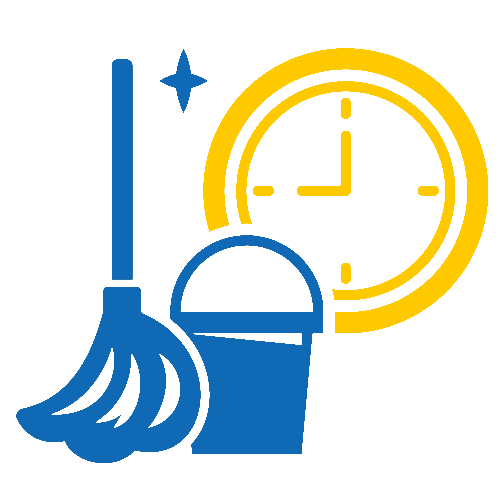 Ein Mopp, ein Eimer und eine Uhr werden in einem Reinigungssymbol angezeigt.