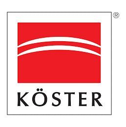 Logo für Köster: Rotes Rechteck mit zwei geschwungenen weißen Linien, in einem weißen Kasten. Darunter steht das Wort „KÖSTER“.