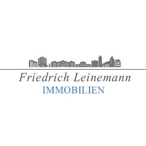 Logo für Friedrich Leinemann Immobilien mit einer Stadtsilhouette und dem Firmennamen und „IMMOBILIEN“ in Blau.