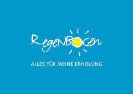 Logo für „Regenbogen“ auf blauem Grund mit weißem Schreibschrifttext und gelbem Sonnensymbol. Darunter steht „Alles für meine Erholung“.