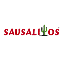 Logo für das Restaurant Sausalitos, roter Text mit einer grünen Kaktusgrafik.