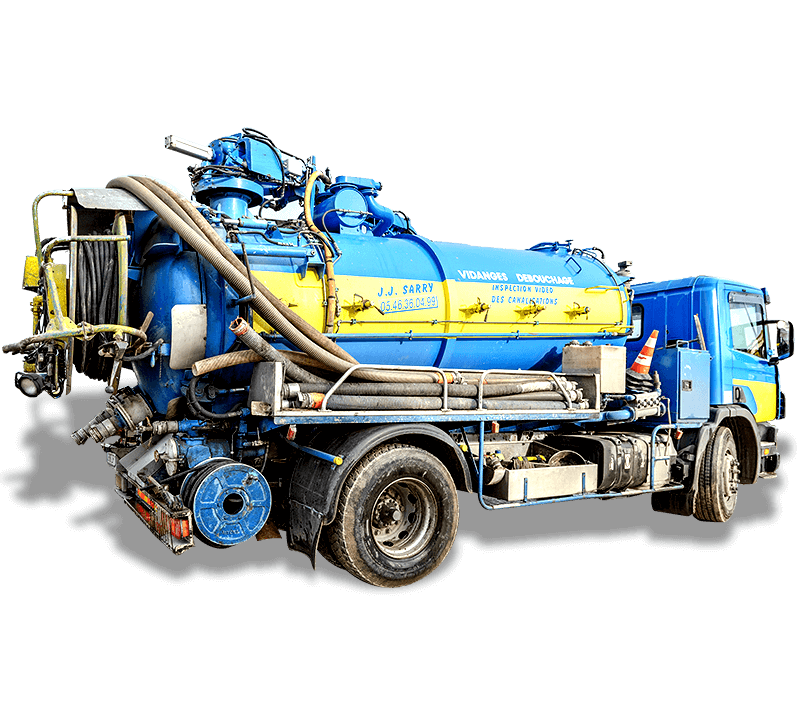 Cinq camions de ramassage des ordures bleus et gris alignés sur un fond blanc.