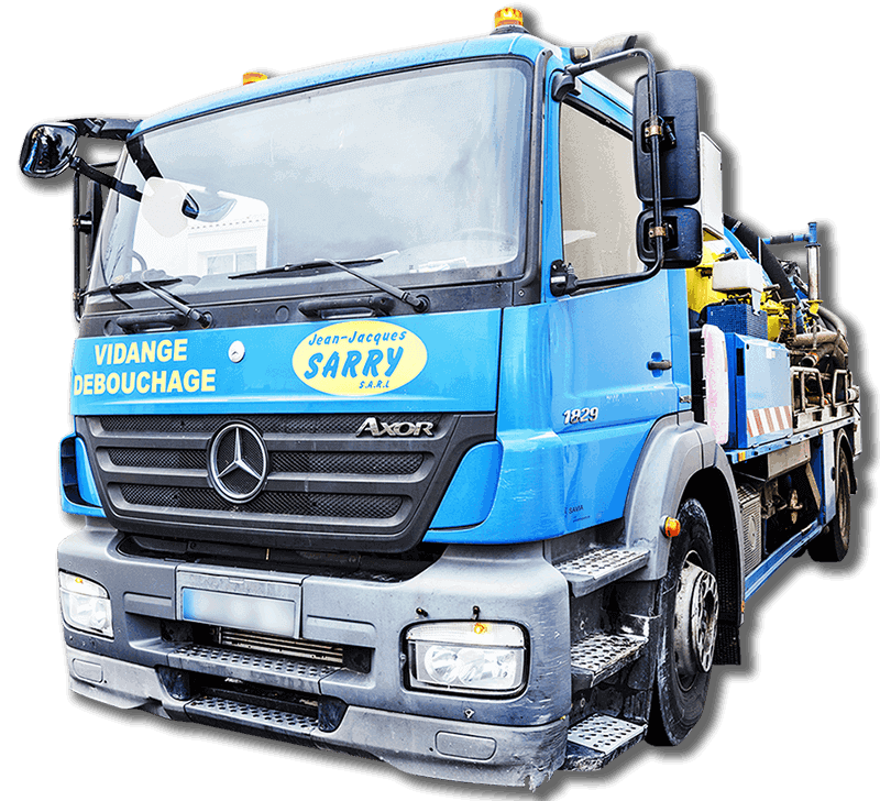 Cinq camions de ramassage des ordures bleus et gris alignés sur un fond blanc.