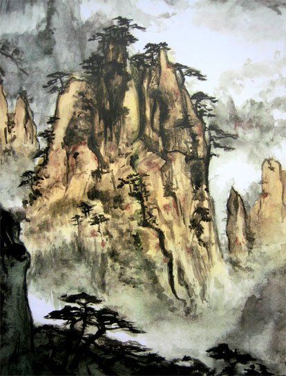 Paysage traditionnel - encre aquarelle