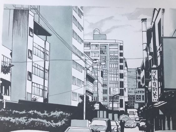 Un dessin au feutre d'une grande ville avec des buildings