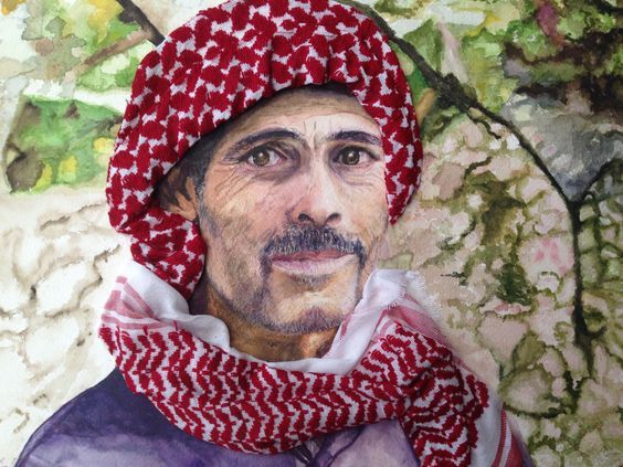 Un dessin d'un visage d'un homme avec un foulard rouge