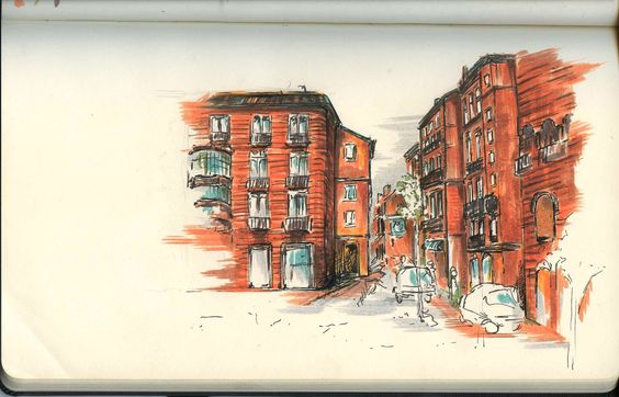 Une aquarelle avec des bâtiments oranges