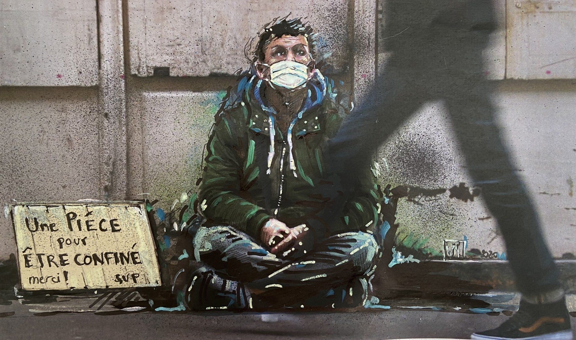 Un dessin avec un homme assis et portant un masque chirugical