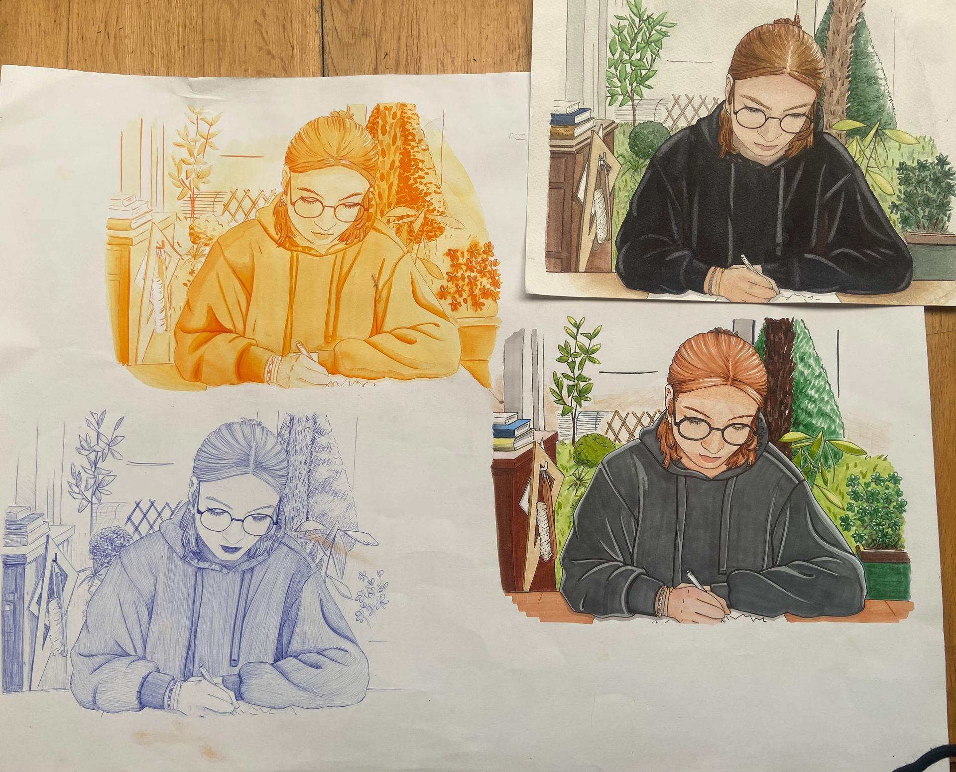 Quatre portraits d'une femme avec des techniques mixes