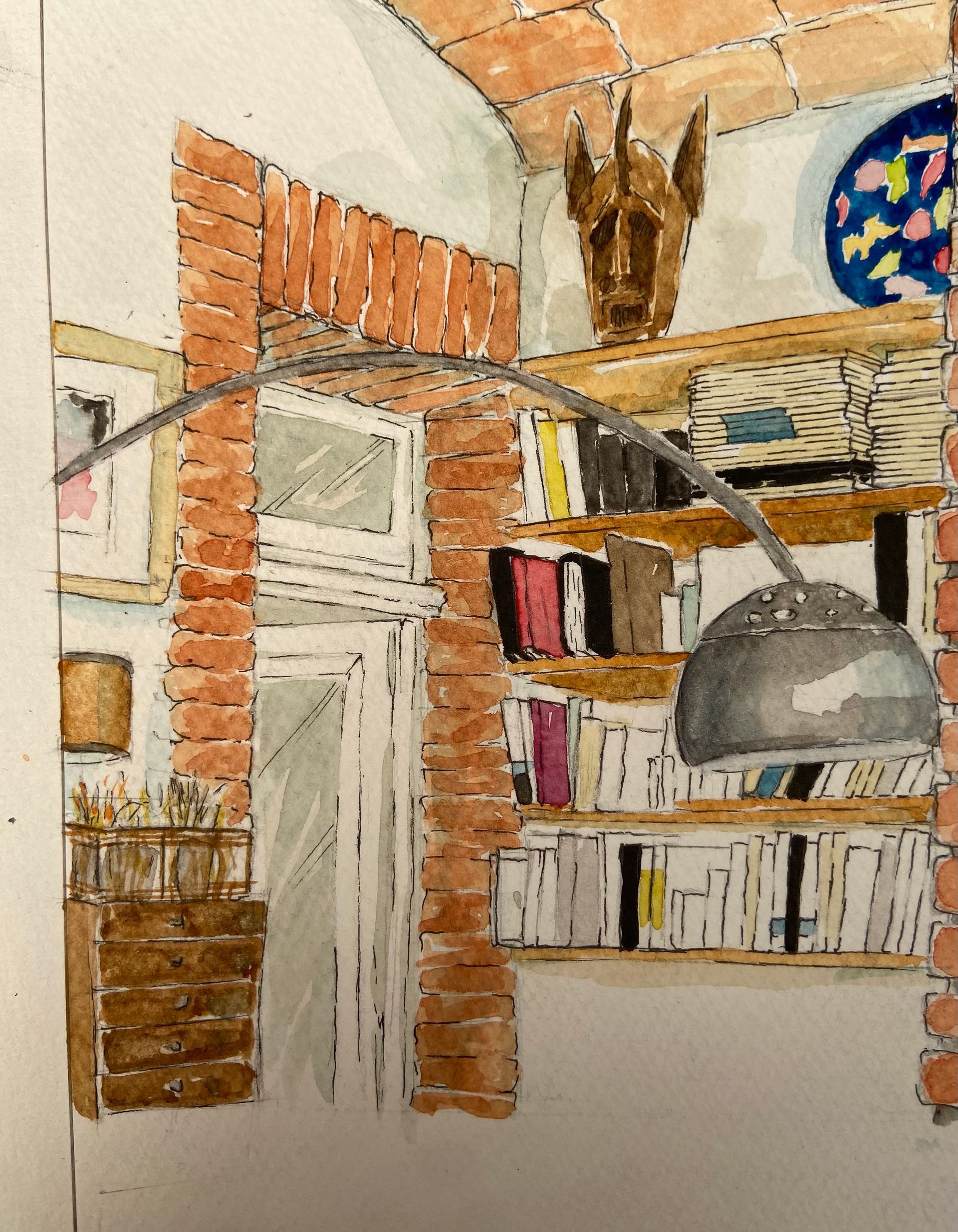 Une aquarelle avec des livres et une grande lampe