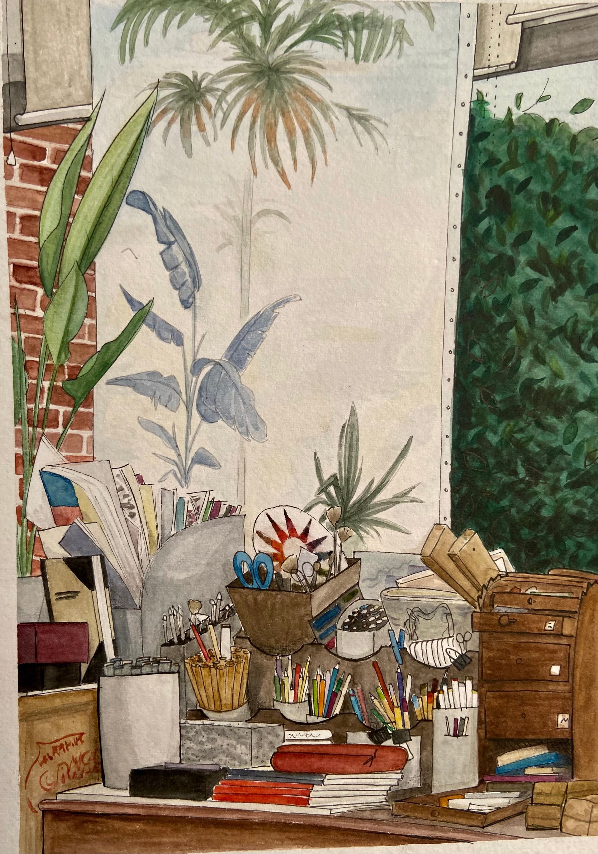 Un peinture à l'aquelle avec une vue d'un atelier