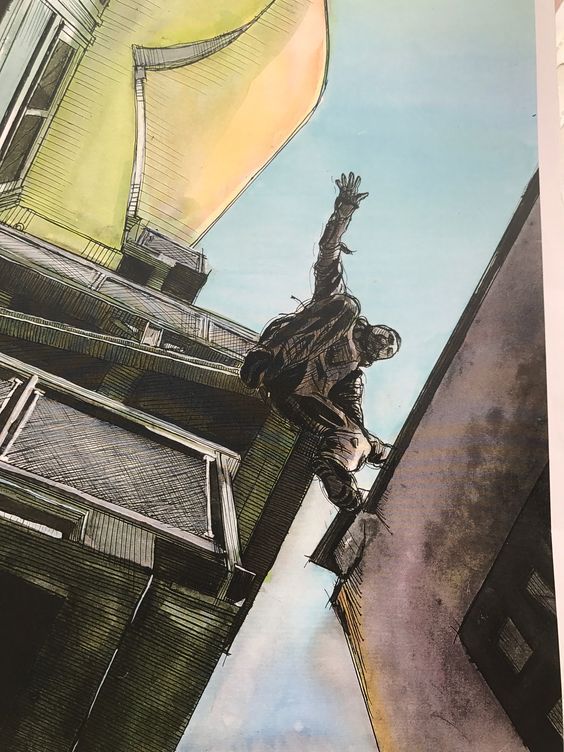 Un dessin d'un homme qui saute d'un toit