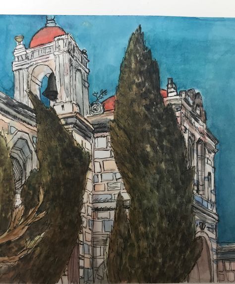 Un clocher et des sapins