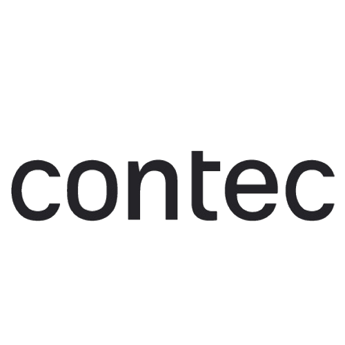 Un logo noir et blanc pour contec sur fond blanc.