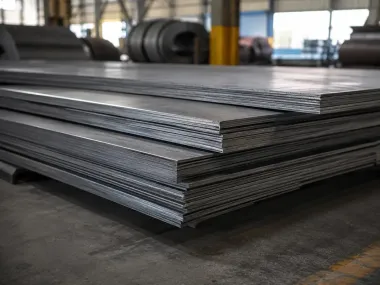 Láminas de metal apiladas en un almacén industrial, con rollos de acero borrosos al fondo.