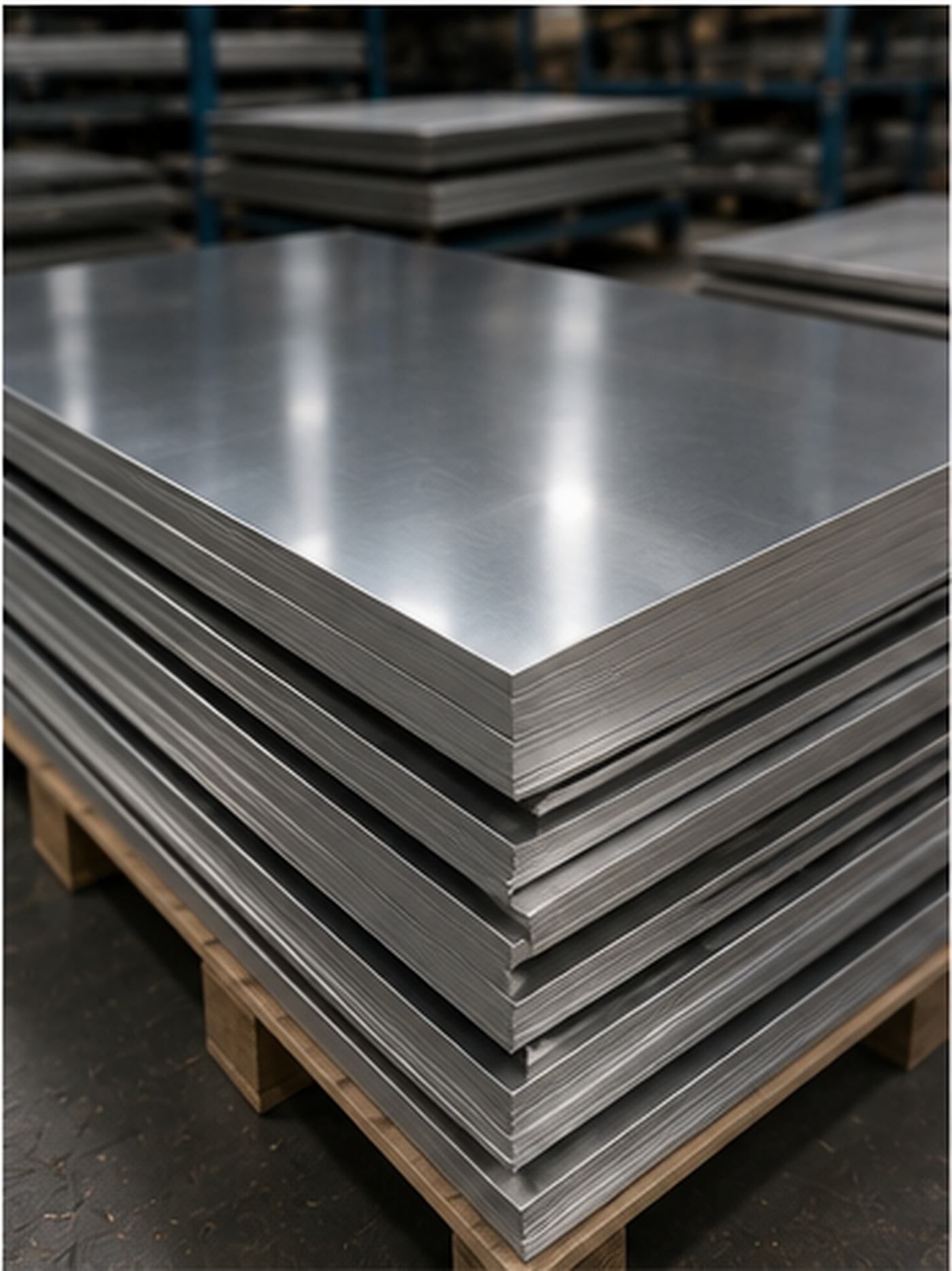 Pila de láminas de metal brillante sobre un palé de madera en un almacén industrial.