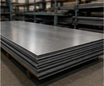 Stacked silver metal sheets in an industrial warehouse setting