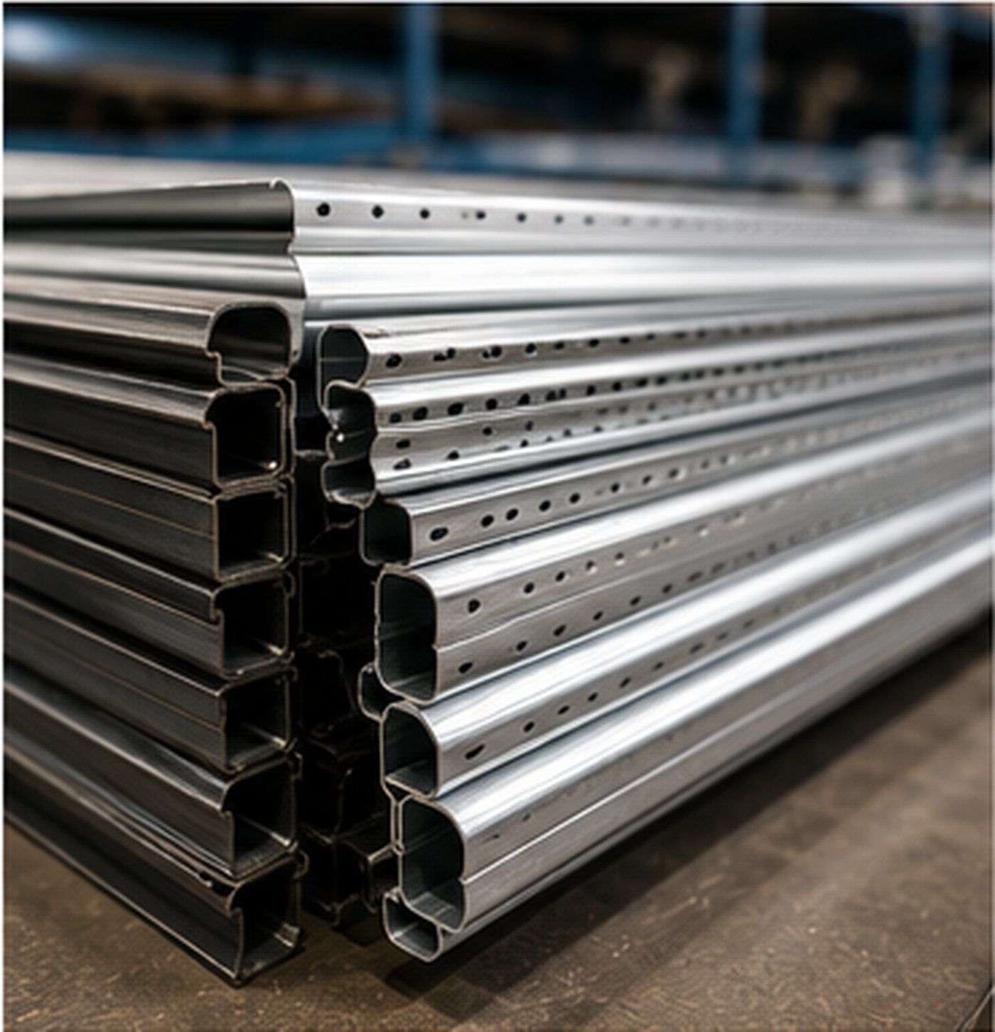 Vigas apiladas de metal plateado con agujeros perforados en un entorno industrial.