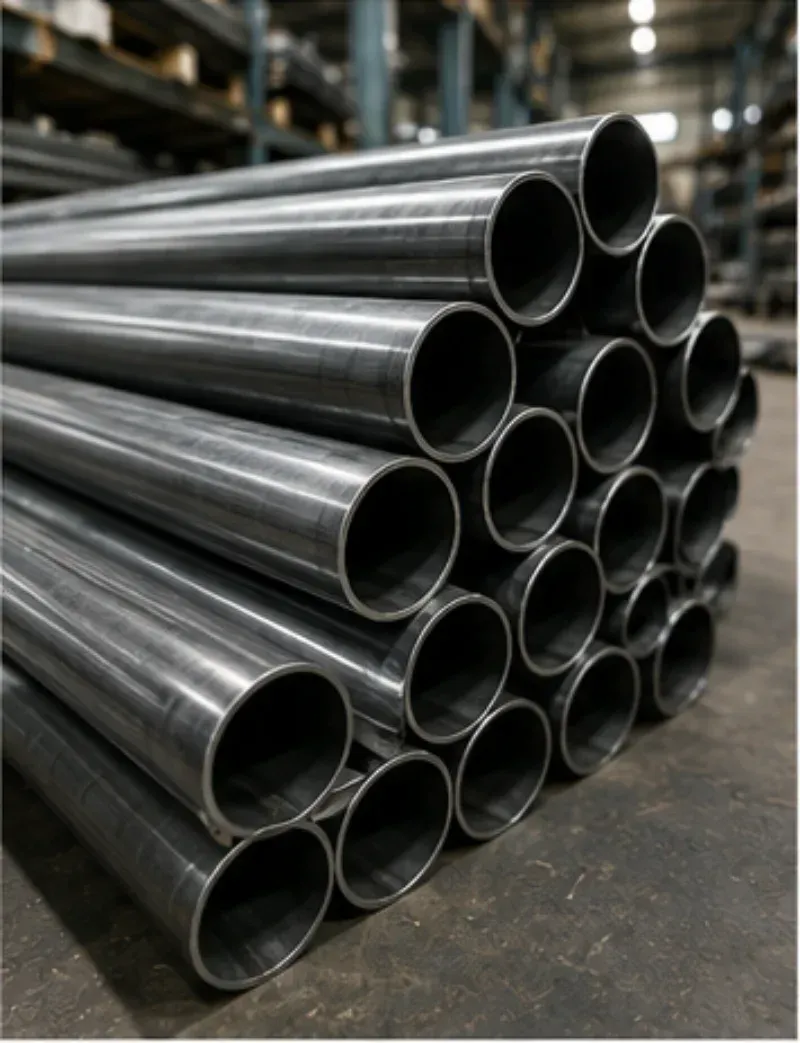 Tubos de metal negro apilados en un almacén industrial.