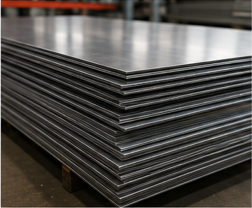 Láminas de acero brillante apiladas en un almacén industrial.