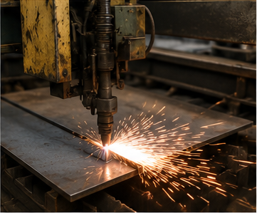 Una máquina de corte industrial corta una lámina de metal, lanzando chispas brillantes por el suelo del taller.