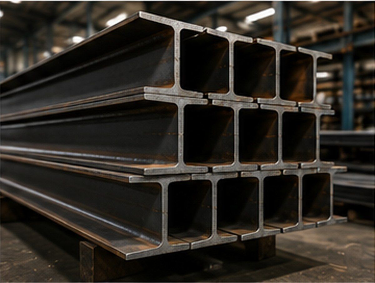 Stacked steel square tubes in a warehouse or metal shop, shown in close-up.