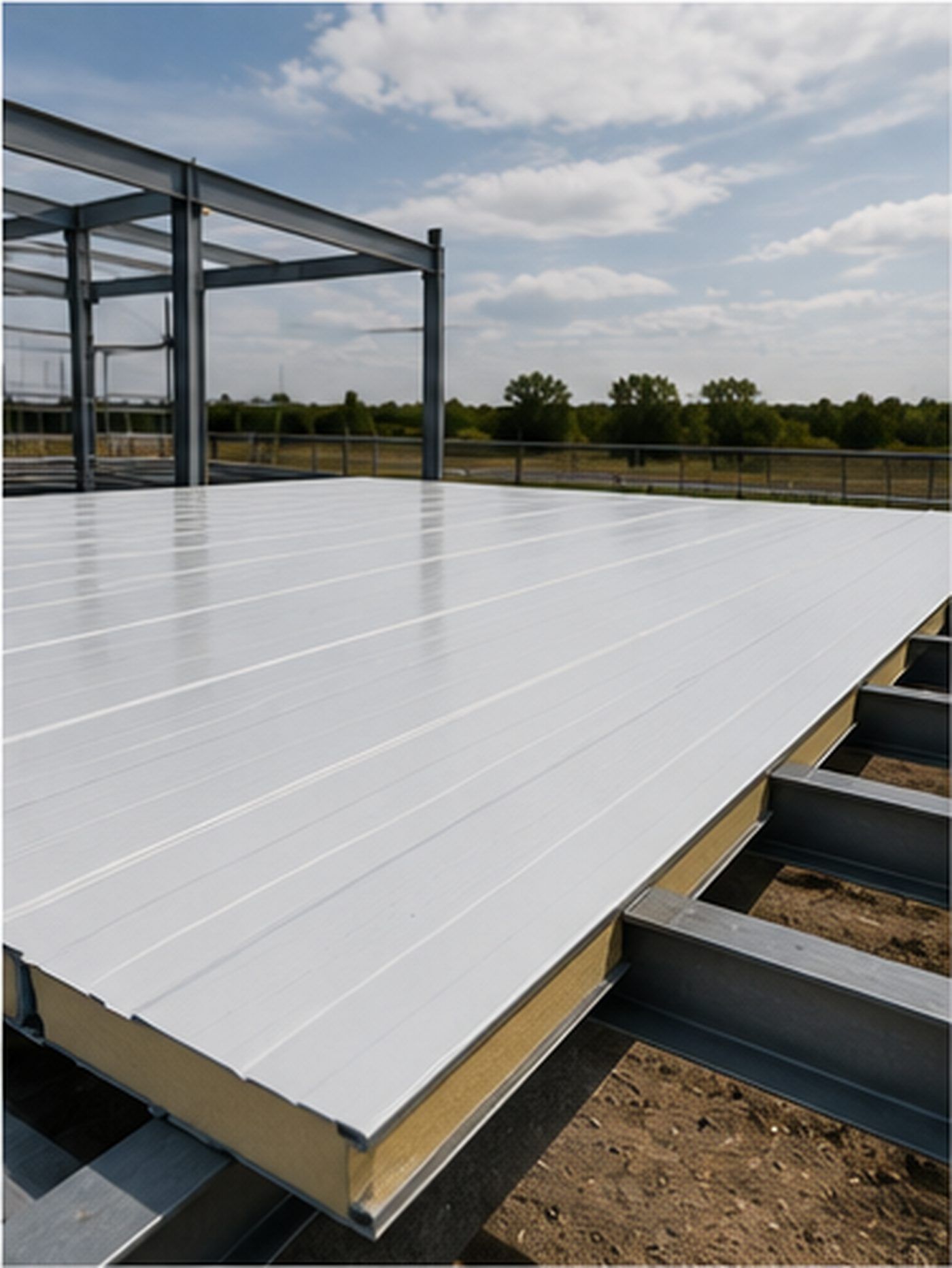 Paneles de techo blancos aislantes instalados en un edificio con estructura de acero en construcción.