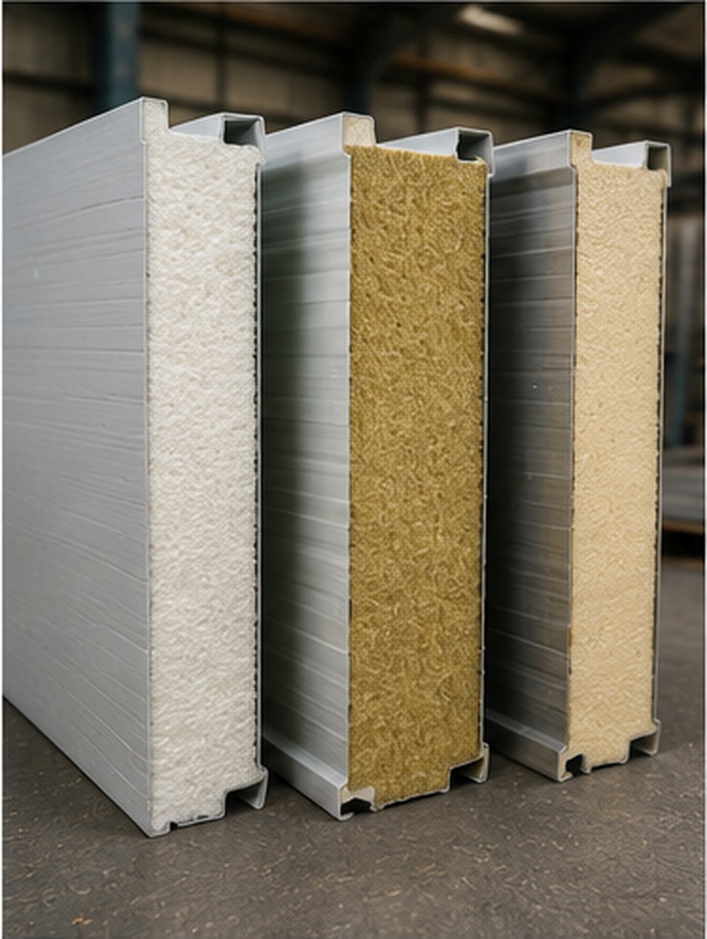 Tres paneles de pared aislantes colocados en posición vertical en un taller industrial.