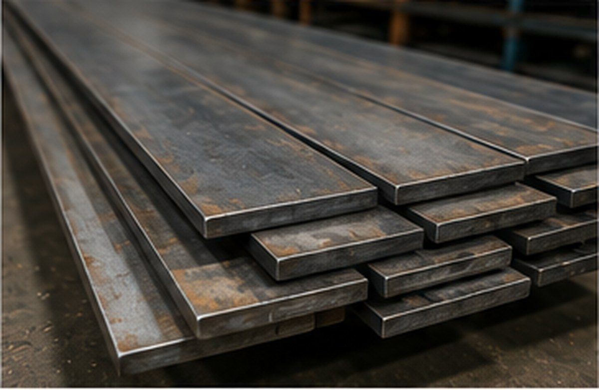Planchas de acero apiladas en un almacén, con superficies de color gris oscuro y bordes oxidados.